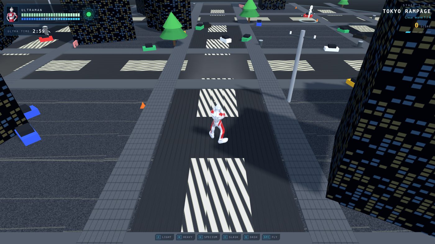 Cuplikan gameplay: pahlawan raksasa berjalan di jalanan kota di antara gedung-gedung
